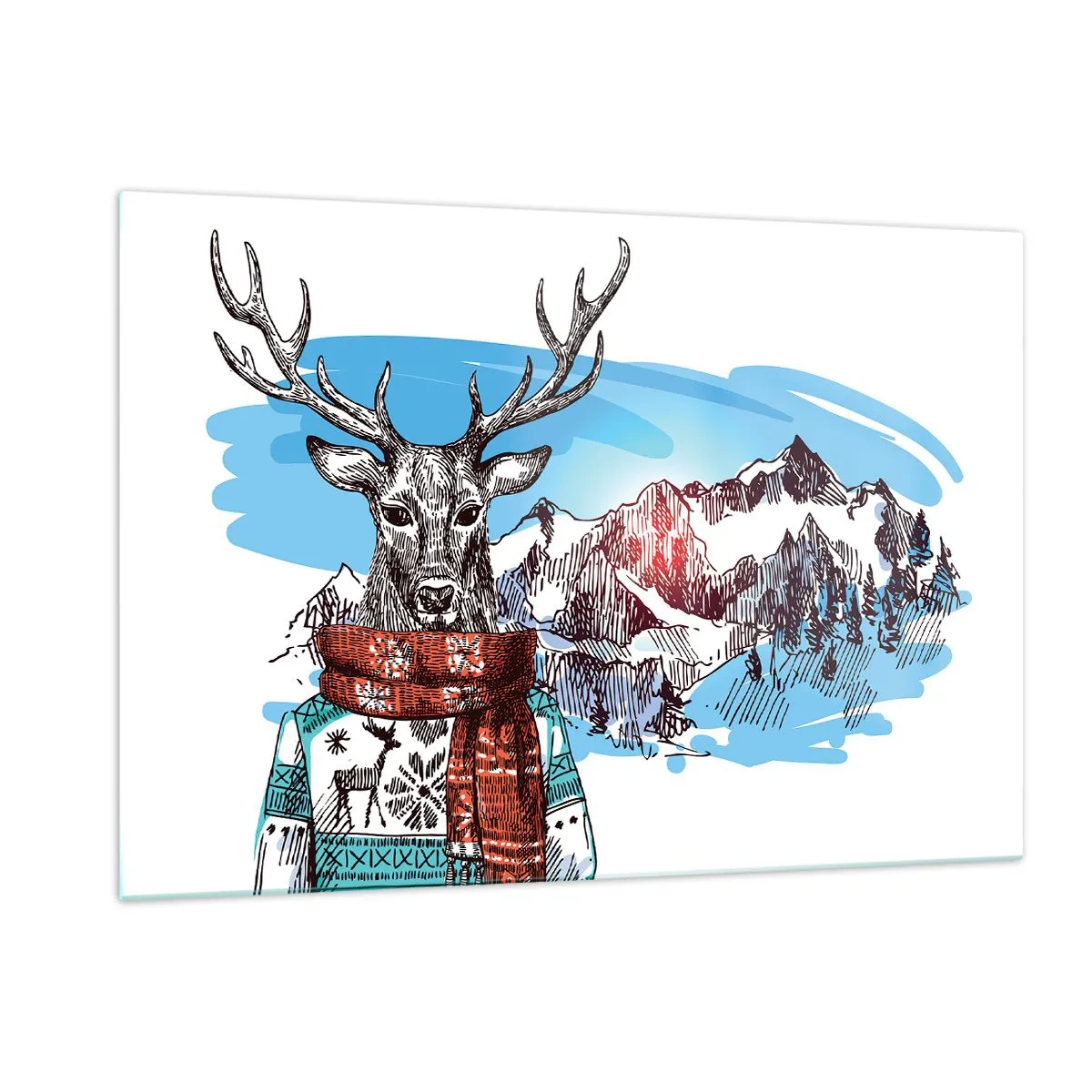 Obraz na szkle - Jeleń w swetrze i szaliku na tle górskiego krajobrazu - 120x80cm - Nawet jeleń nie marznie  - Nowoczesna dekoracja ścienna do salonu, kuchni i sypialni ARTTOR