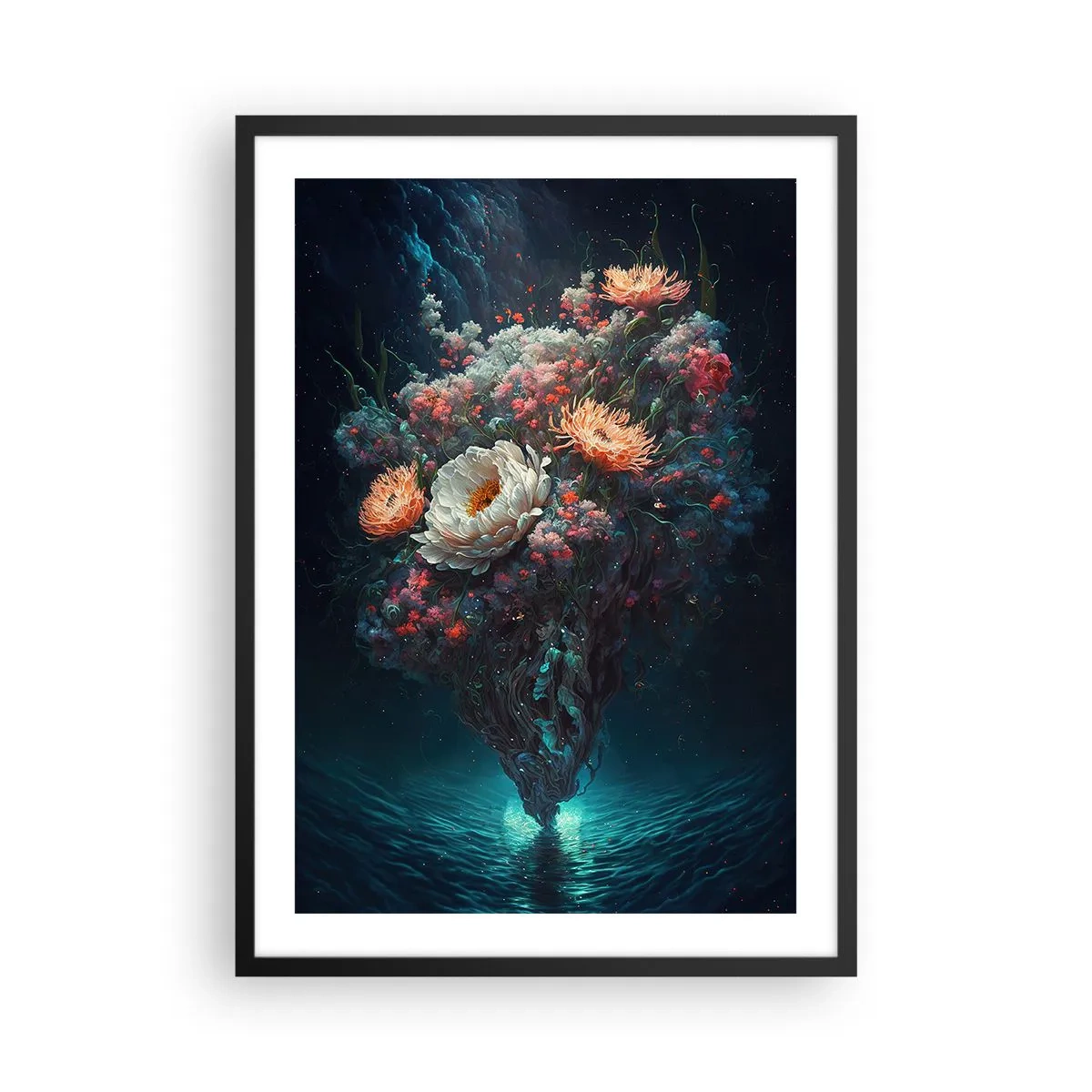 Plakat w czarnej ramie - Magiczna kompozycja kwiatów unosząca się nad wodą - 50x70cm - Dziwny ogród - Nowoczesna dekoracja ścienna do salonu i sypialni ARTTOR