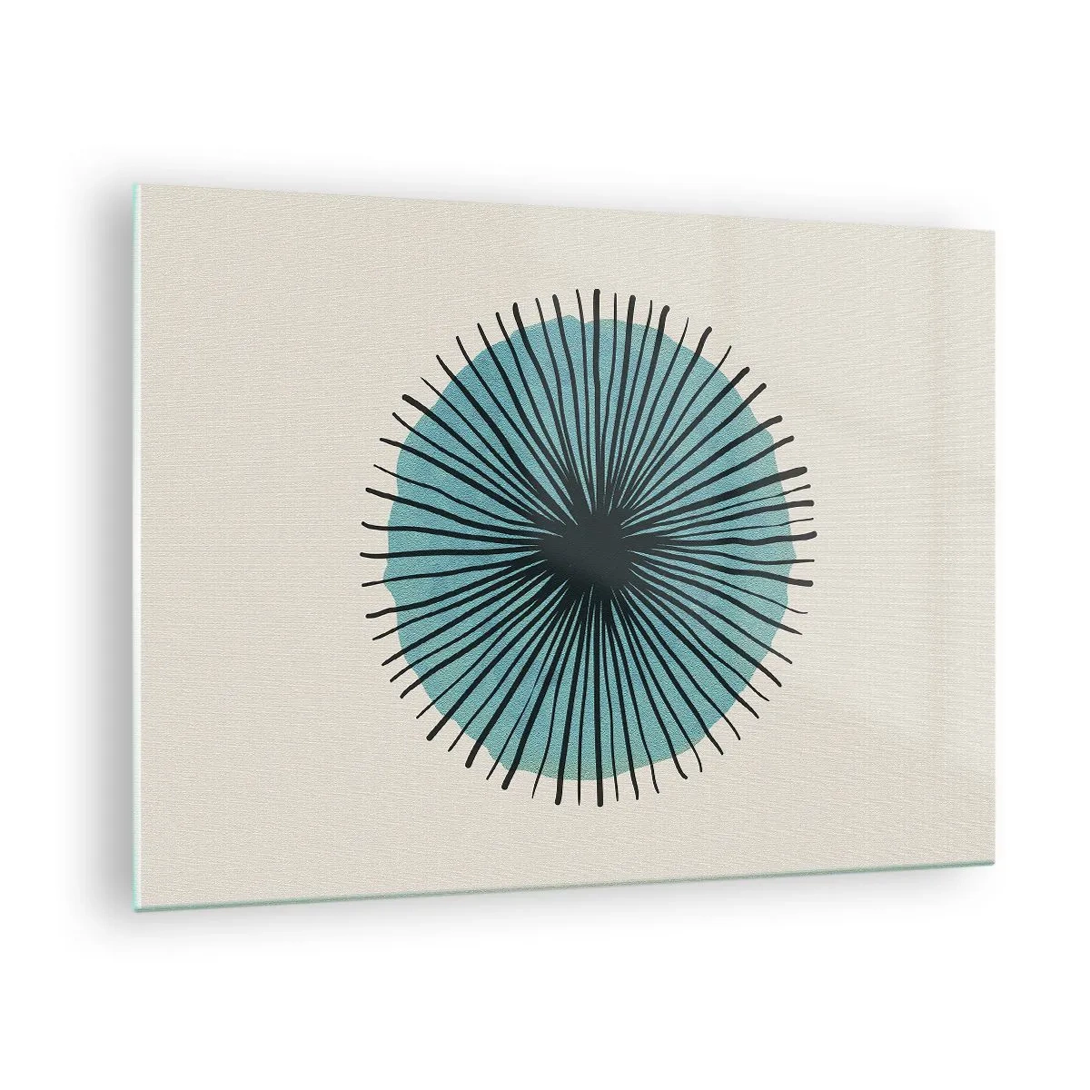 Obraz na szkle - Geometryczny wzór w odcieniach turkusu i czerni - 70x50cm - Promieniście na błękicie - Nowoczesna dekoracja ścienna do salonu i sypialni ARTTOR