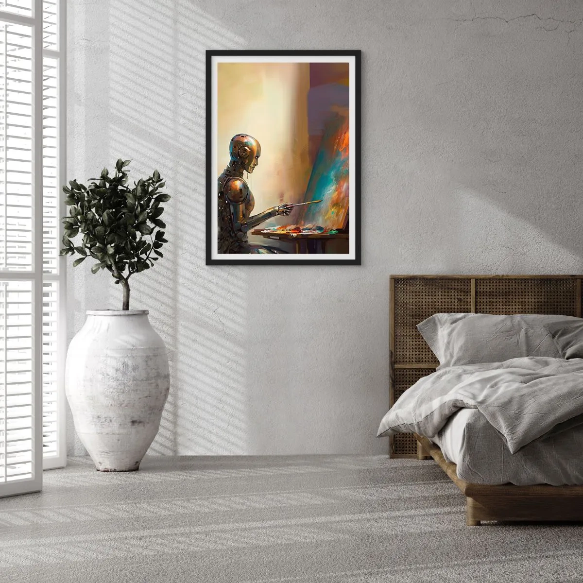 Plakat w czarnej ramie - Robot malarz przy sztaludze w futurystycznym stylu - 50x70cm - Sztuka przyszłości - Nowoczesna dekoracja ścienna do salonu i sypialni ARTTOR