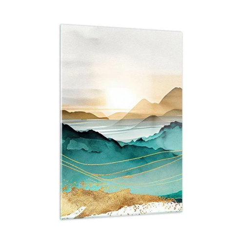 Obraz na szkle - Złoto-turkusowy pejzaż górski w akwarelowym stylu - 50x70cm - Na granicy abstrakcji – pejzaż - Nowoczesna dekoracja ścienna do salonu, kuchni i sypialni ARTTOR