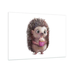 Obraz na szkle - Uroczy jeż z babeczką na białym tle - 100x70cm - Święto jest co dzień - Nowoczesna dekoracja ścienna do salonu, kuchni i sypialni ARTTOR