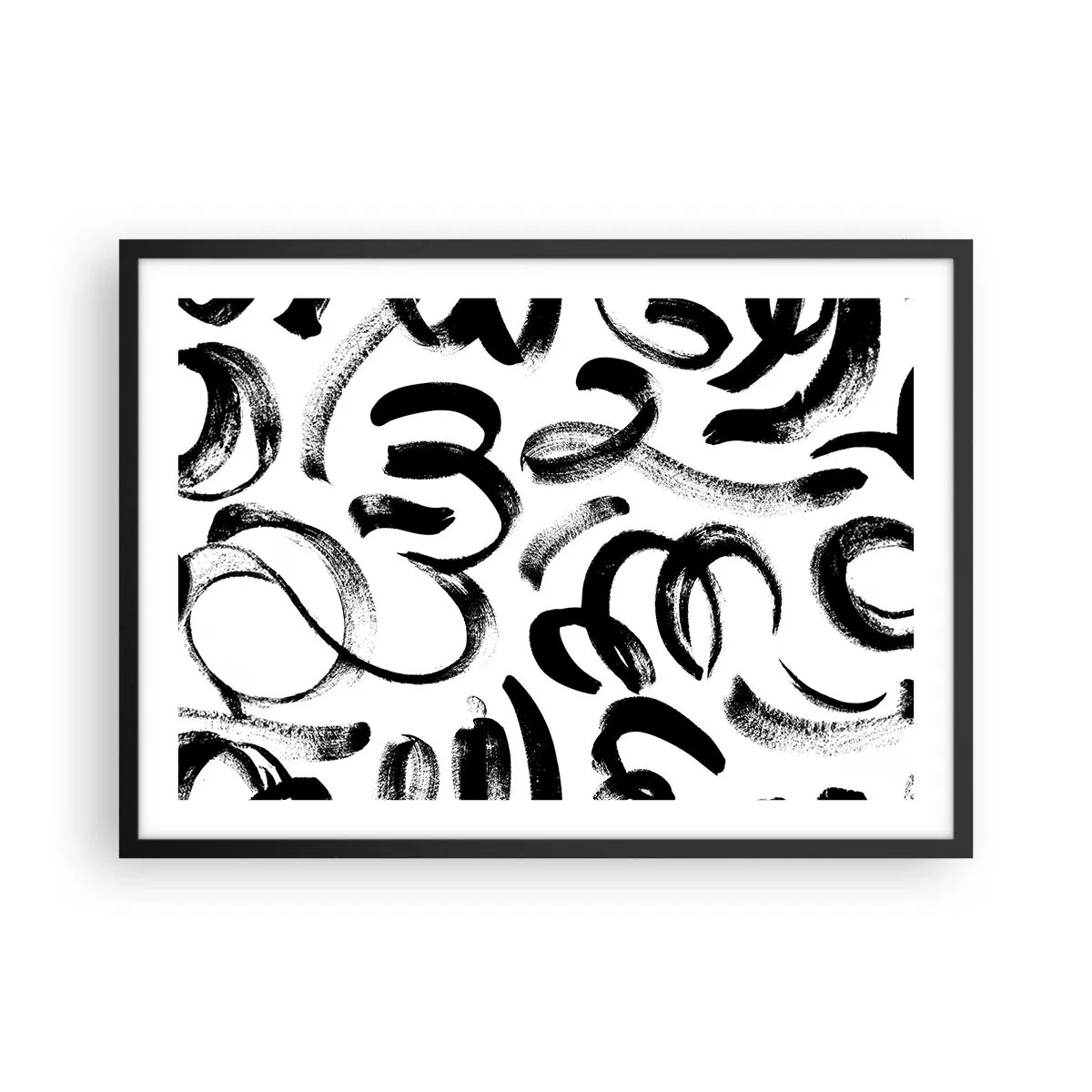 Plakat w czarnej ramie - Czarne abstrakcyjne pociągnięcia pędzlem na białym tle - 70x50cm - Czarno na białym - Nowoczesna dekoracja ścienna do salonu i sypialni ARTTOR