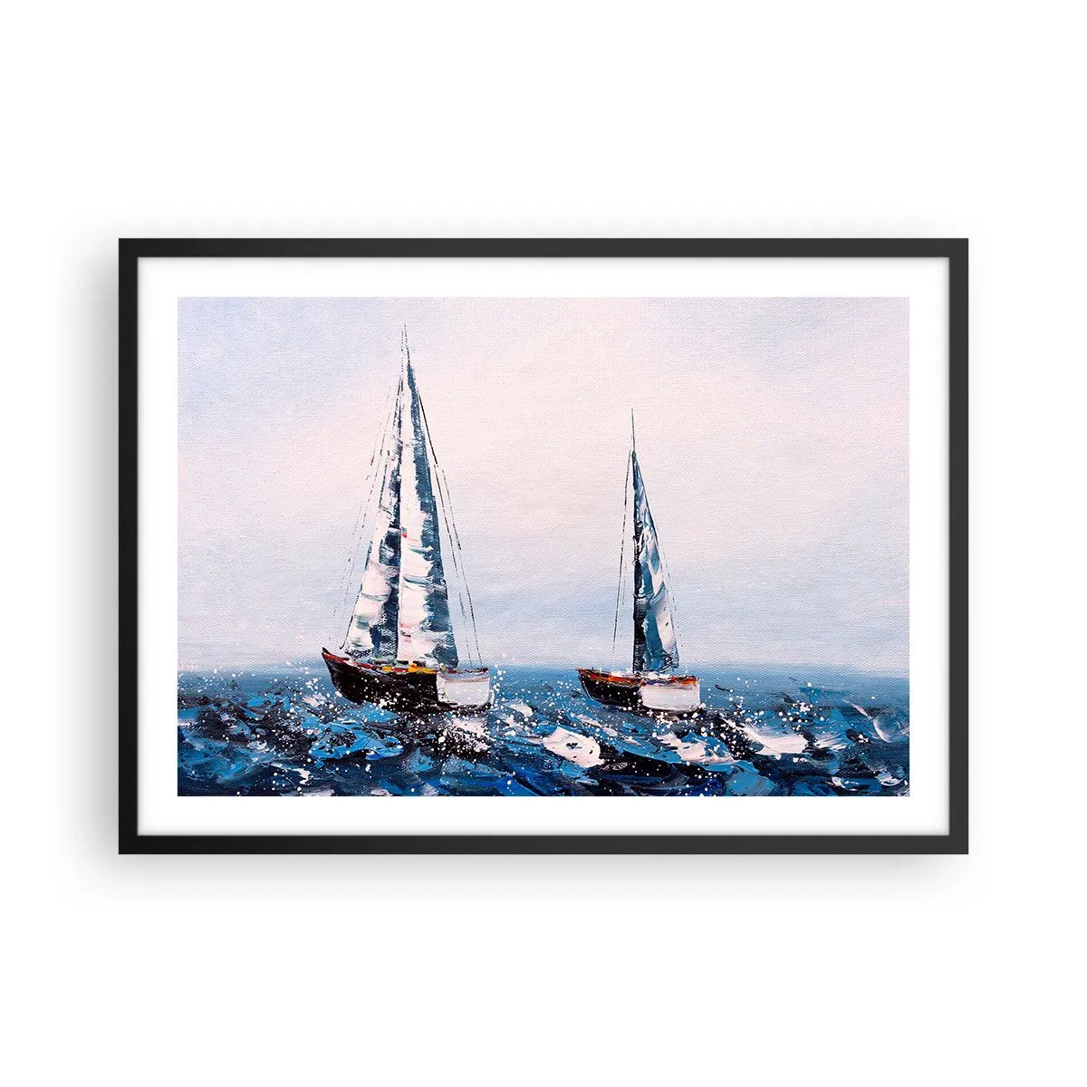 Plakat w czarnej ramie - Żaglówki na wzburzonym morzu w malarskiej kompozycji - 70x50cm - Braterstwo wiatru - Nowoczesna dekoracja ścienna do salonu i sypialni ARTTOR