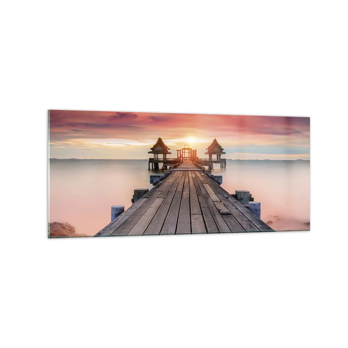 Obraz na szkle - Drewniane molo prowadzące do altanek o zachodzie słońca - 120x50cm - Zachód na wschodzie - Nowoczesna dekoracja ścienna do salonu i sypialni ARTTOR