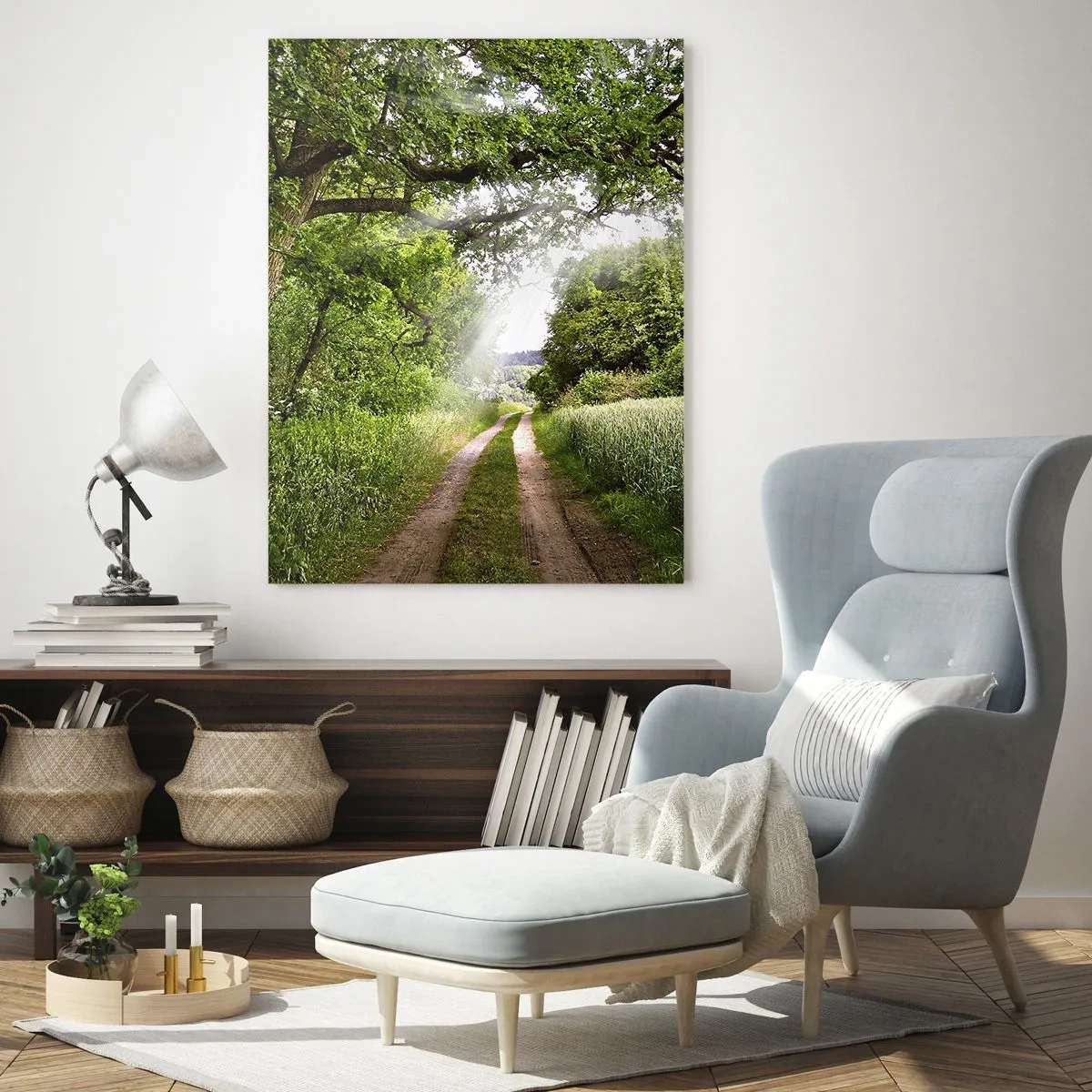 Obraz na szkle - Polna droga wśród zielonych drzew i promieni słońca - 80x120cm - Et in Arcadia ego - Nowoczesna dekoracja ścienna do salonu i sypialni ARTTOR