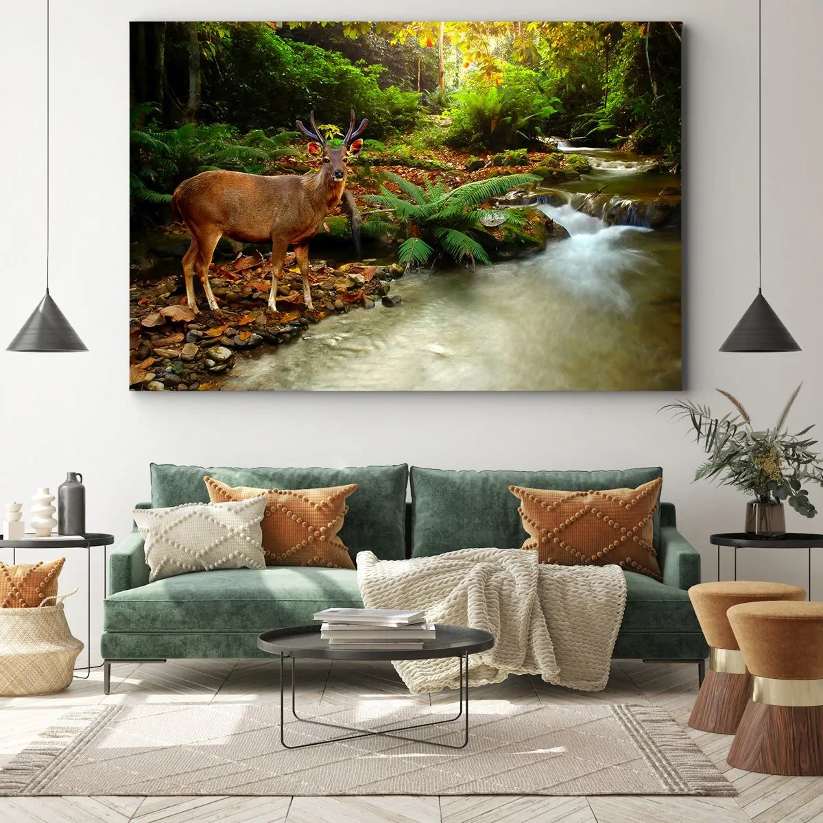 Obraz na płótnie - Jeleń przy strumieniu otoczonym zielenią w lesie - 70x50cm - Witam w moim świecie - Nowoczesna dekoracja ścienna do salonu i sypialni ARTTOR