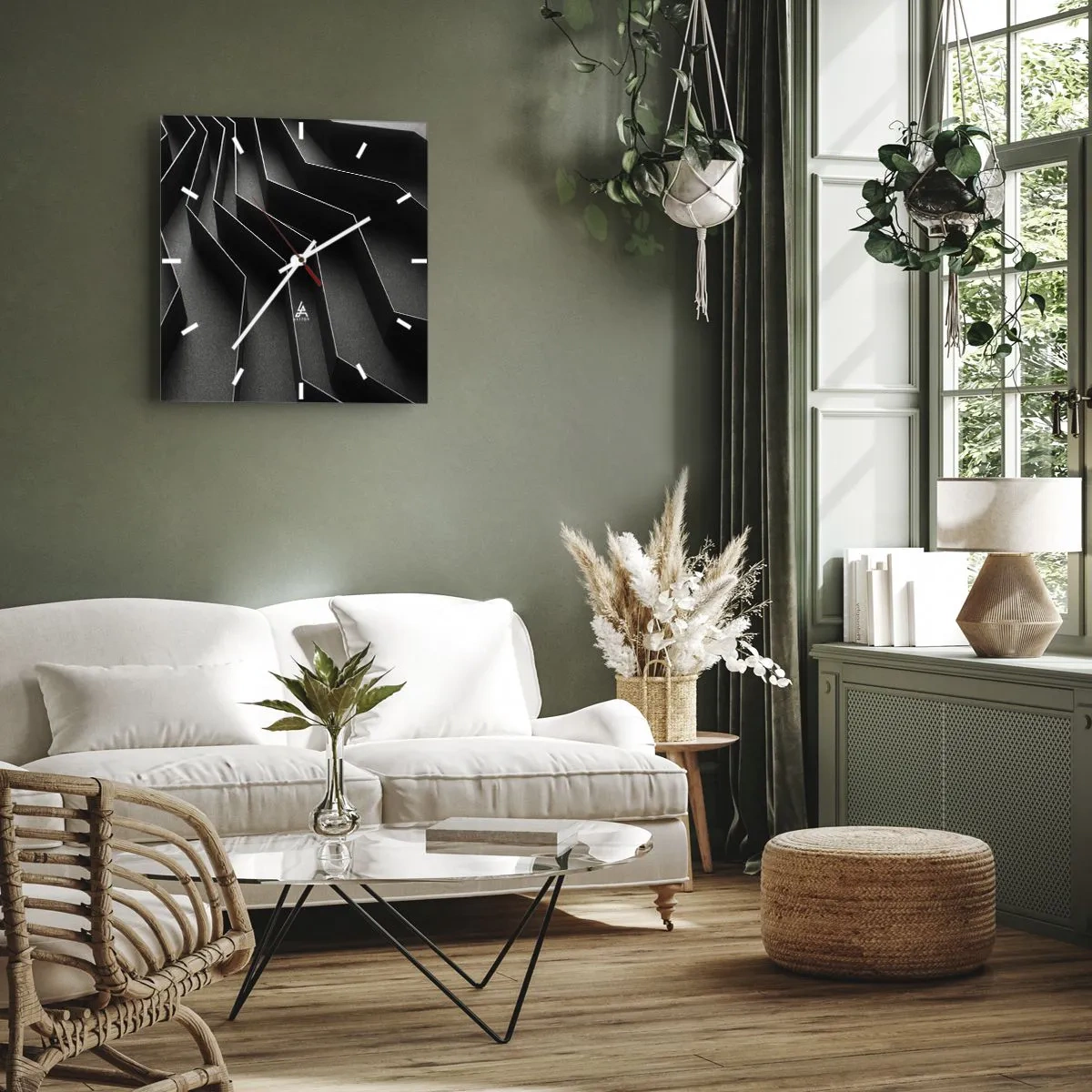 Zegar ścienny - Czarno-biała abstrakcja z geometrycznymi strukturami - 30x30cm - Przestrzenny porządek - Nowoczesna dekoracja ścienna do salonu i sypialni ARTTOR