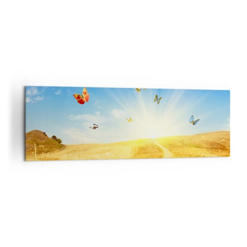 Obraz na płótnie - Złote pole, ścieżka i motyle na tle błękitnego nieba - 160x50cm - I jak tu nie kochać lata? - Nowoczesna dekoracja ścienna do salonu i sypialni ARTTOR