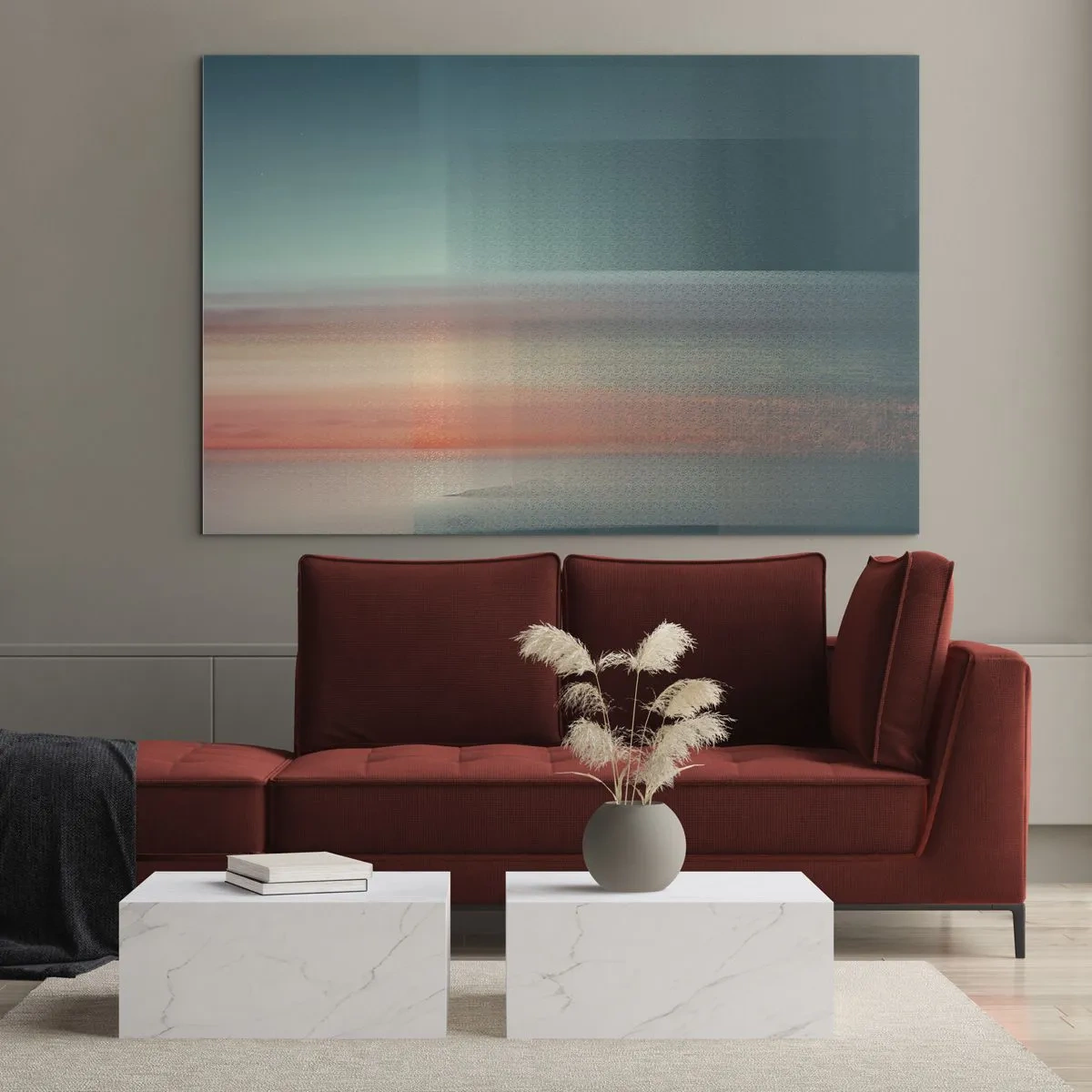 Obraz na szkle - Pastelowa abstrakcja przypominająca fale świetlne o zachodzie słońca - 70x50cm - Abstrakcja: fale światła - Nowoczesna dekoracja ścienna do salonu i sypialni ARTTOR