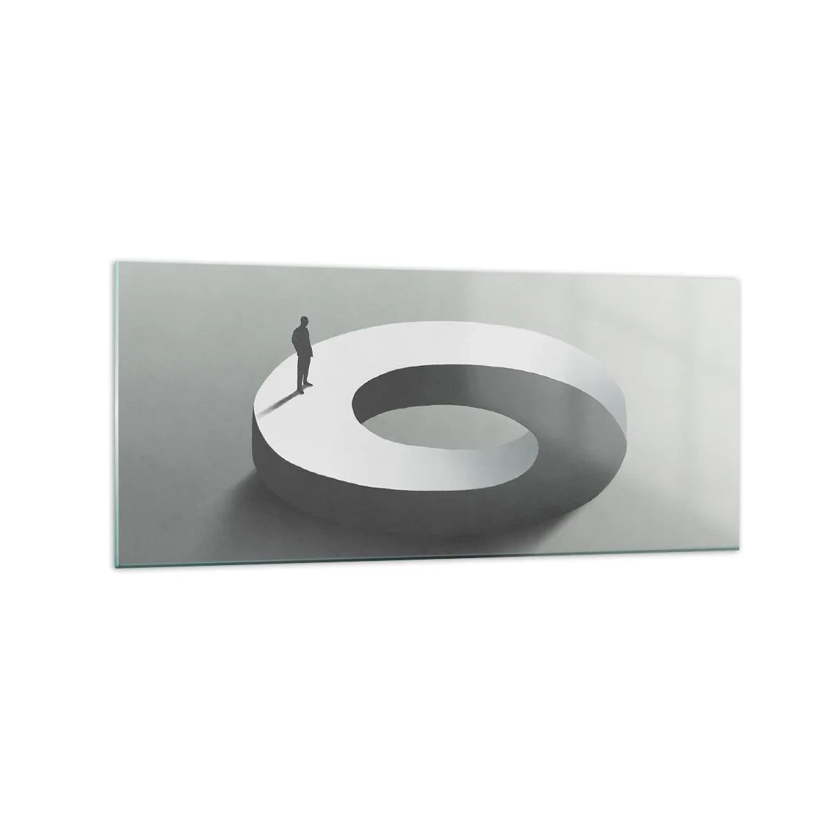 Obraz na szkle - Człowiek na szarej, abstrakcyjnej konstrukcji - 120x50cm - I bądź tu mądry - Nowoczesna dekoracja ścienna do salonu i sypialni ARTTOR