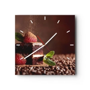 Zegar ścienny - Czekoladowe ciasto z malinami i miętą na tle ziaren kakao - 30x30cm - Życie jest słodkie - Nowoczesna dekoracja ścienna do salonu i sypialni ARTTOR