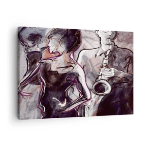 Obraz na płótnie - Abstrakcyjna scena jazzowa z saksofonistą i tańczącą kobietą - 70x50cm - Rozpłynąć się w muzyce - Nowoczesna dekoracja ścienna do salonu i sypialni ARTTOR