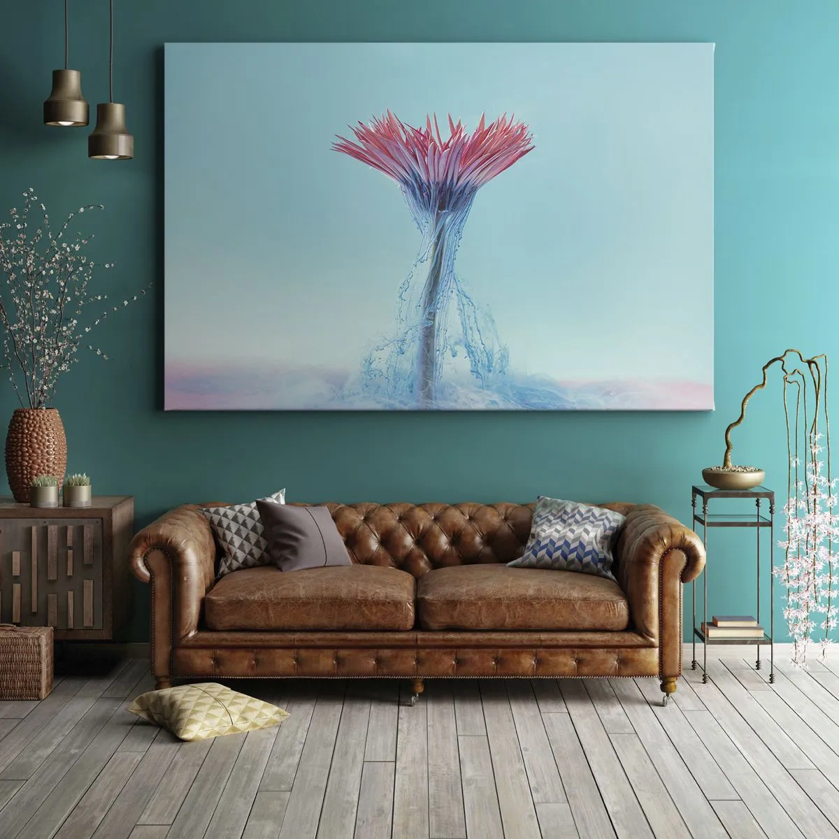 Obraz na płótnie - Różowo-niebieski kwiat w artystycznej aranżacji na tle pastelowym - 70x50cm - W ożywczym objęciu - Nowoczesna dekoracja ścienna do salonu i sypialni ARTTOR