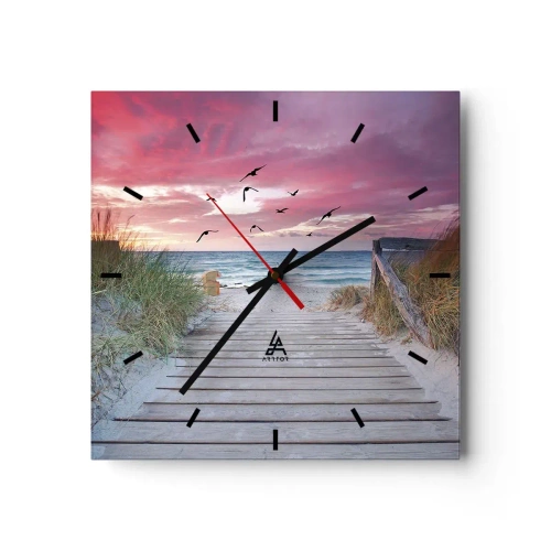 Zegar ścienny - Drewniana ścieżka na plaży o różowym zachodzie słońca - 30x30cm - Bałtycka impresja - Nowoczesna dekoracja ścienna do salonu i sypialni ARTTOR