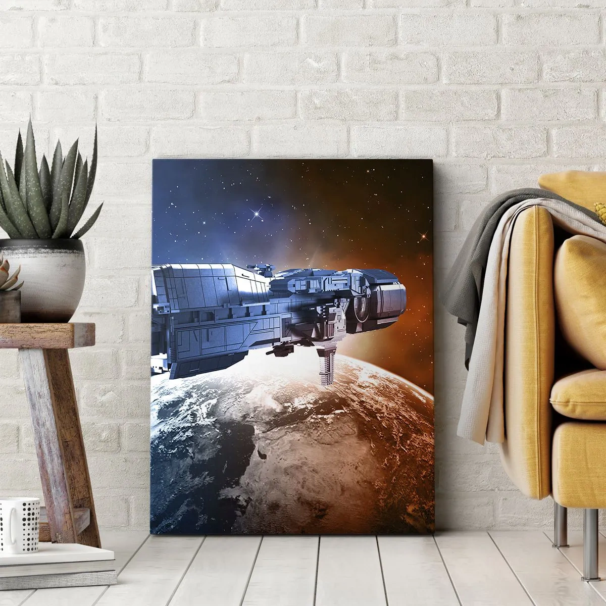 Obraz na płótnie - Statek kosmiczny na tle planety w przestrzeni - 70x100cm - Uważny obserwator - Nowoczesna dekoracja ścienna do salonu i sypialni ARTTOR