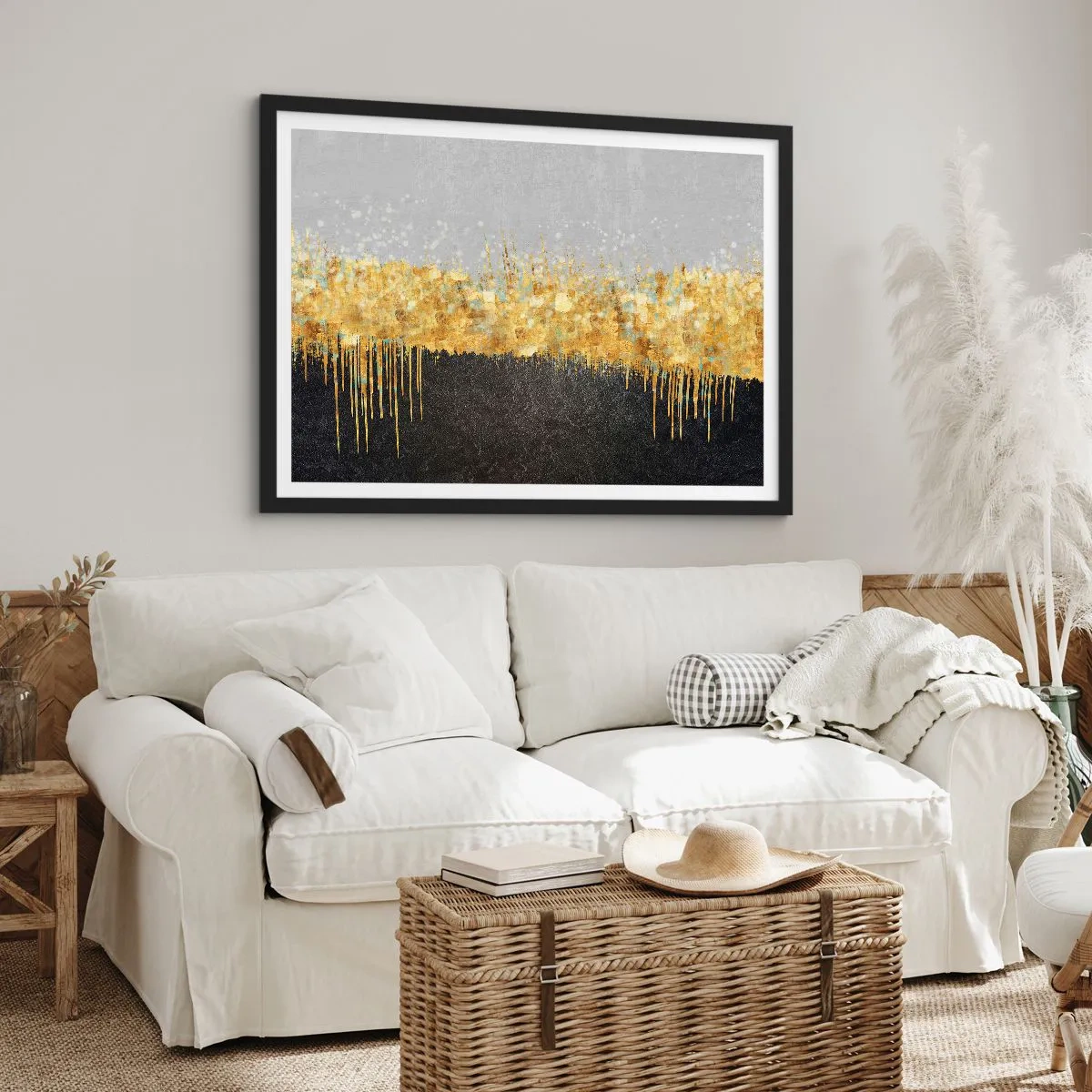 Plakat w czarnej ramie - Abstrakcyjna kompozycja w odcieniach złota i czerni - 70x50cm - W głąb i ku górze - Nowoczesna dekoracja ścienna do salonu i sypialni ARTTOR