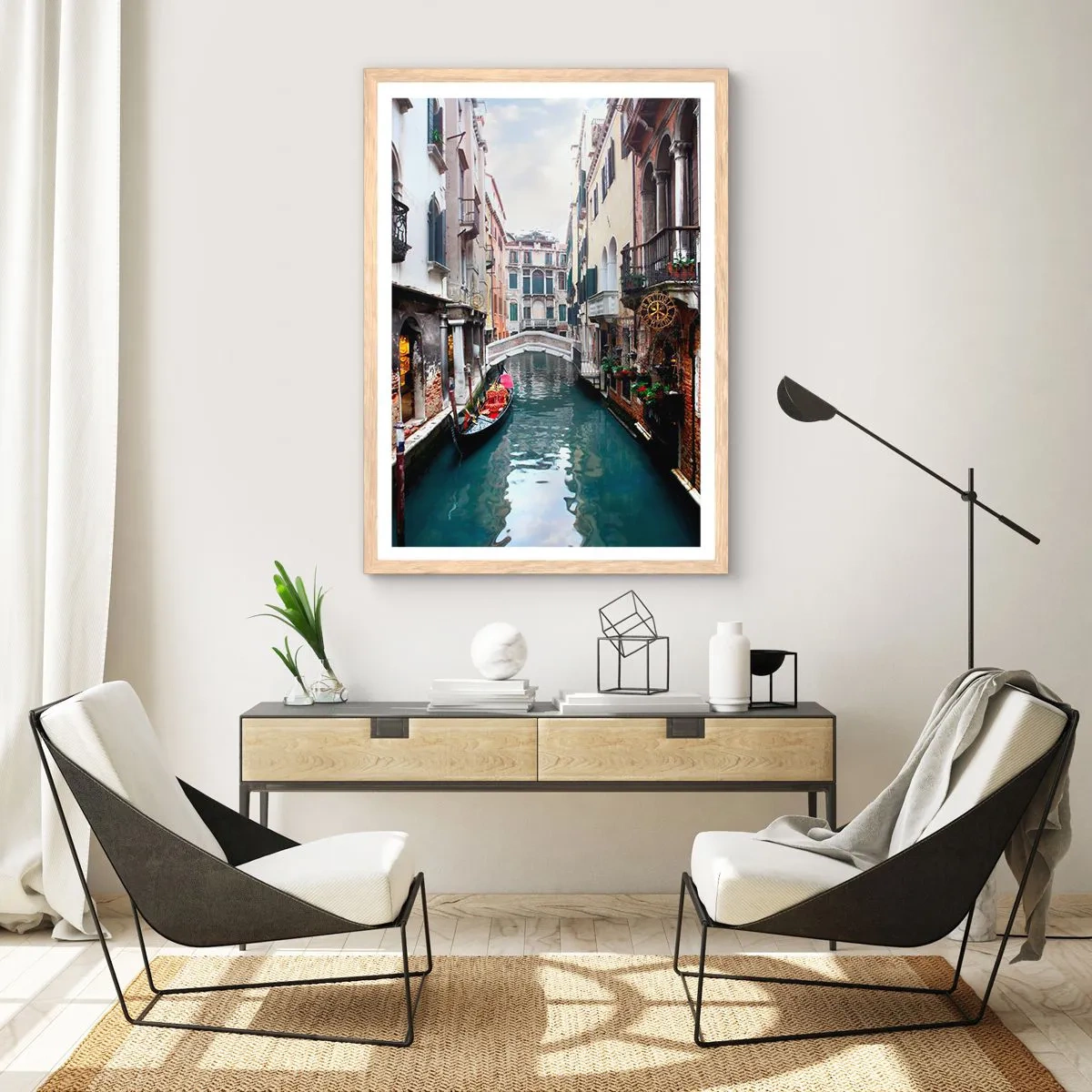 Plakat w ramie jasny dąb - Pejzaż wenecki z gondolą i mostkiem - 30x40 cm