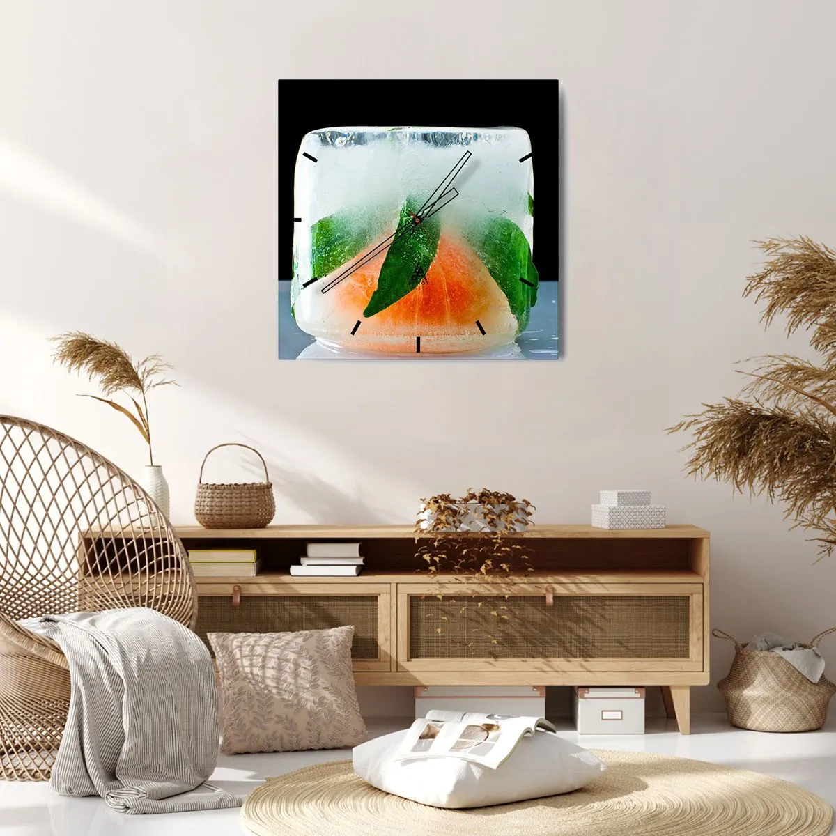 Zegar ścienny - Kostka lodu z pomarańczą i liśćmi - 30x30cm - Świeżość i ochłoda - Nowoczesna dekoracja ścienna do salonu i sypialni ARTTOR