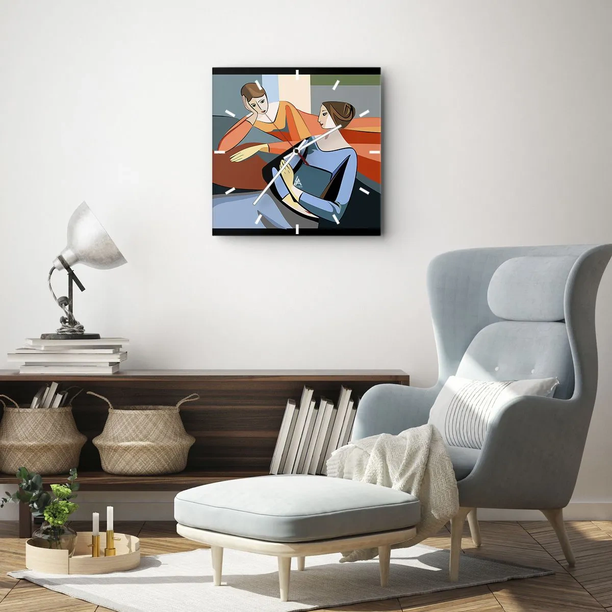 Zegar ścienny - Abstrakcyjna ilustracja dwóch kobiet w stylu kubistycznym - 30x30cm - Chwila zwierzeń - Nowoczesna dekoracja ścienna do salonu i sypialni ARTTOR