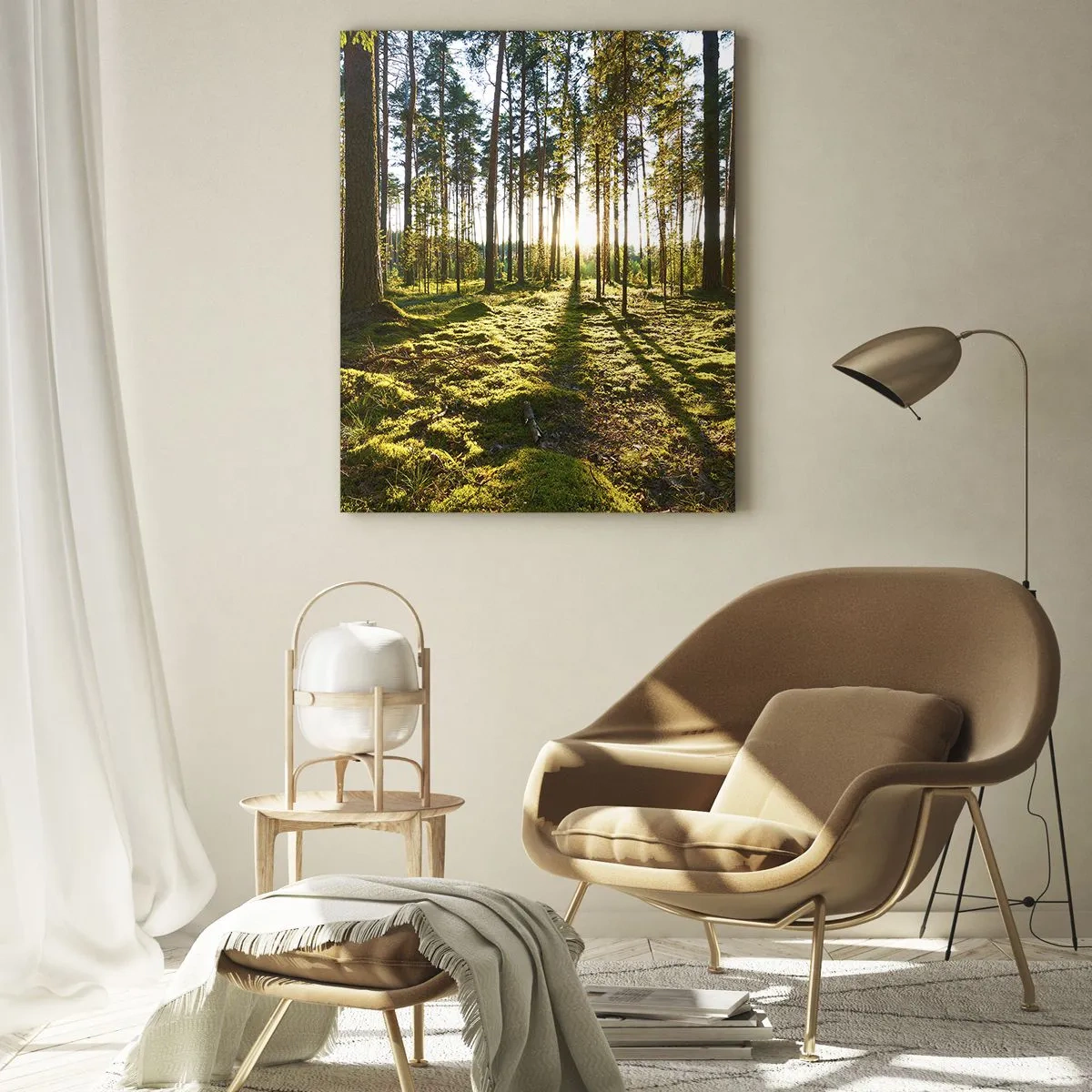 Obraz na szkle - Promienie słońca przenikające przez drzewa w lesie - 50x70cm - …Za siedmioma lasami - Nowoczesna dekoracja ścienna do salonu, kuchni i sypialni ARTTOR