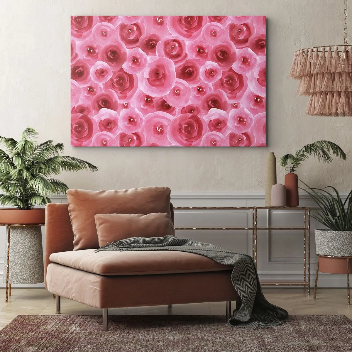 Obraz na płótnie - Delikatne róże w pastelowych odcieniach różu - 70x50cm - Róże na dole i na górze - Nowoczesna dekoracja ścienna do salonu i sypialni ARTTOR