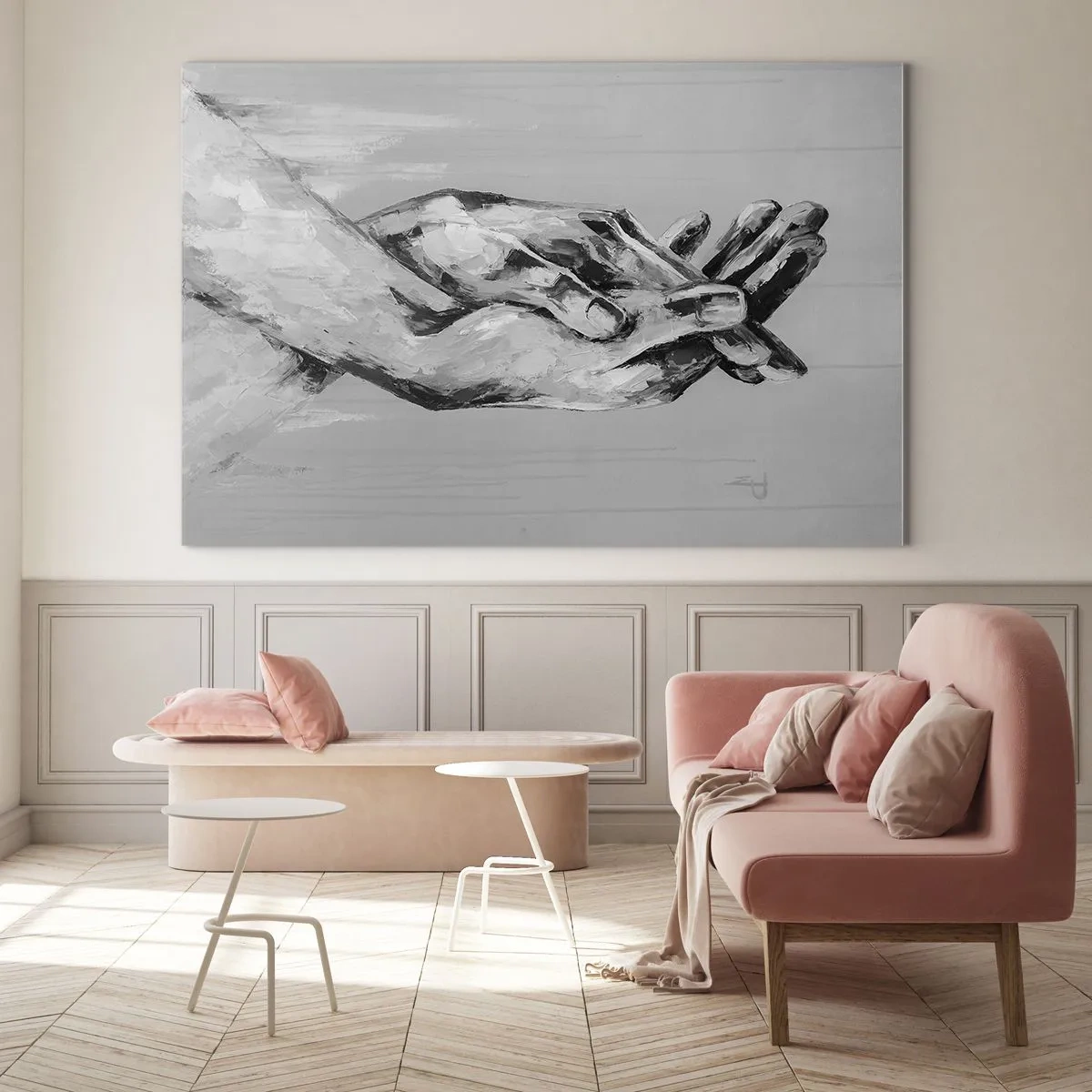Obraz na szkle - Black and white painting of two hands reaching for each other - 100x70cm - Początek… - Nowoczesna dekoracja ścienna do salonu, kuchni i sypialni ARTTOR