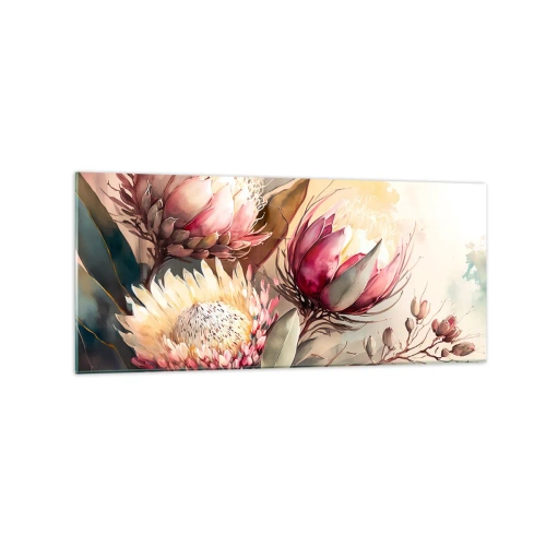 Obraz na szkle - Kwiaty protei w delikatnych pastelowych odcieniach - 120x50cm - Z profilu i en face - Nowoczesna dekoracja ścienna do salonu i sypialni ARTTOR