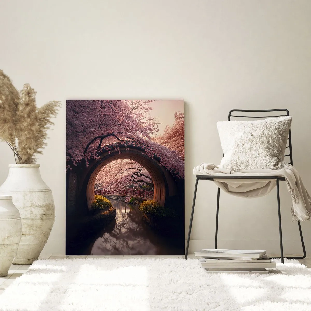 Obraz na szkle - Kwitnące wiśnie i japoński most widziane przez okrągłą bramę - 50x70cm - Japońska wiosna - Nowoczesna dekoracja ścienna do salonu, kuchni i sypialni ARTTOR