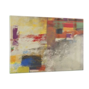 Obraz na szkle - Kolorowa abstrakcja z geometrycznymi kształtami - 120x80cm - Geometria barw - Nowoczesna dekoracja ścienna do salonu, kuchni i sypialni ARTTOR