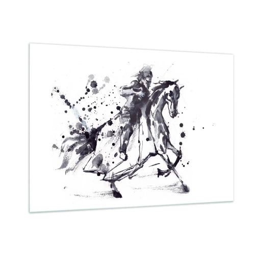 Obraz na szkle - Czarno-biały obraz jeźdźca na koniu w stylu abstrakcyjnym - 100x70cm - Czarny rycerz - Nowoczesna dekoracja ścienna do salonu, kuchni i sypialni ARTTOR