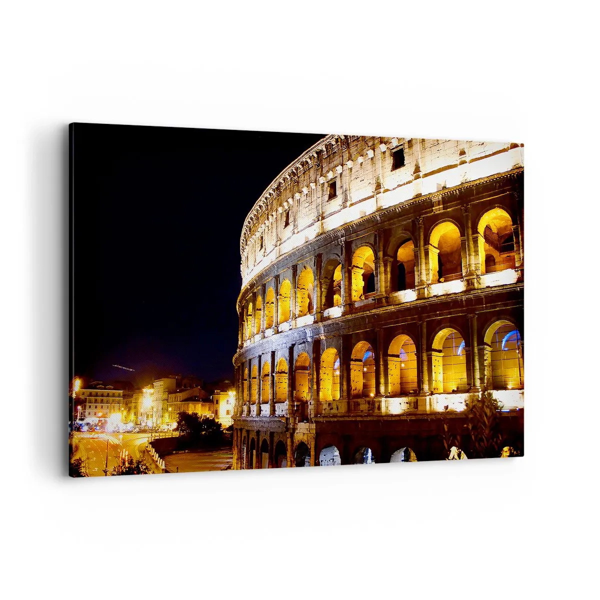 Obraz na płótnie - Koloseum nocą podświetlone światłami w Rzymie - 120x80cm - Igrzyska czas zacząć - Nowoczesna dekoracja ścienna do salonu, kuchni i sypialni ARTTOR