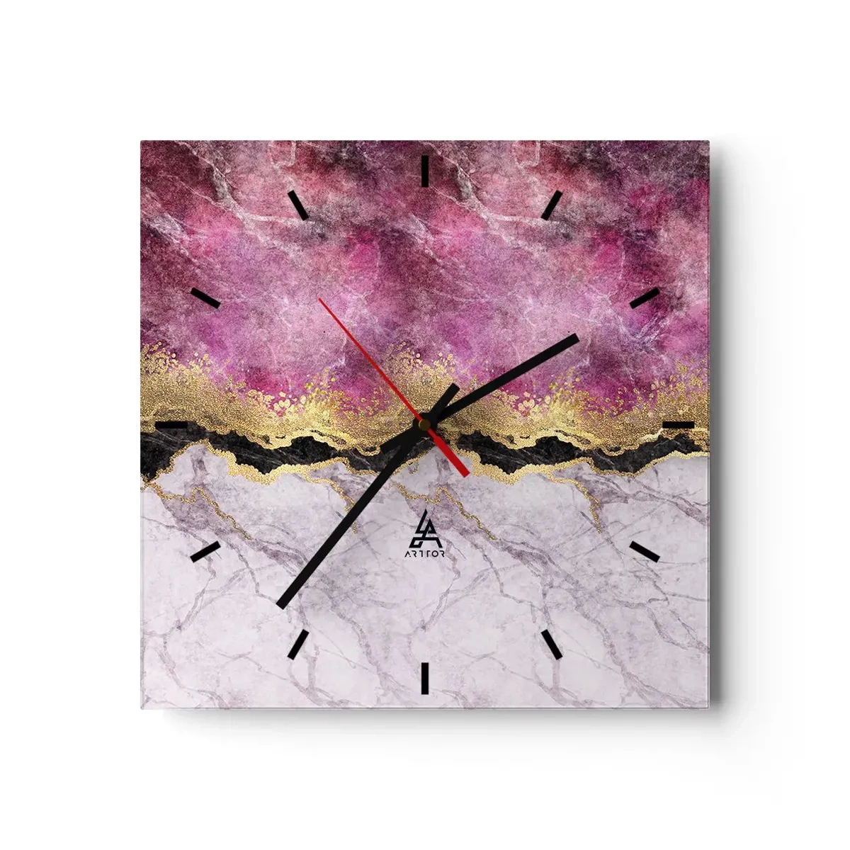 Zegar ścienny - Abstrakcyjny marmur w odcieniach różu ze złotymi akcentami - 30x30cm - Na granicy - Nowoczesna dekoracja ścienna do salonu i sypialni ARTTOR