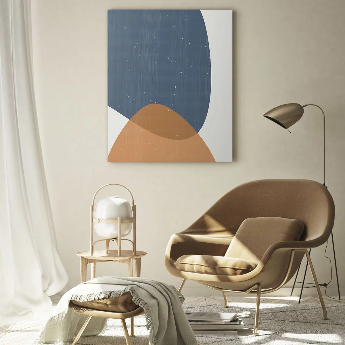 Obraz na szkle - Minimalistyczna kompozycja geometryczna w odcieniach niebieskiego i pomarańczowego - 70x100cm - Owale i wpływy - Nowoczesna dekoracja ścienna do salonu i sypialni ARTTOR