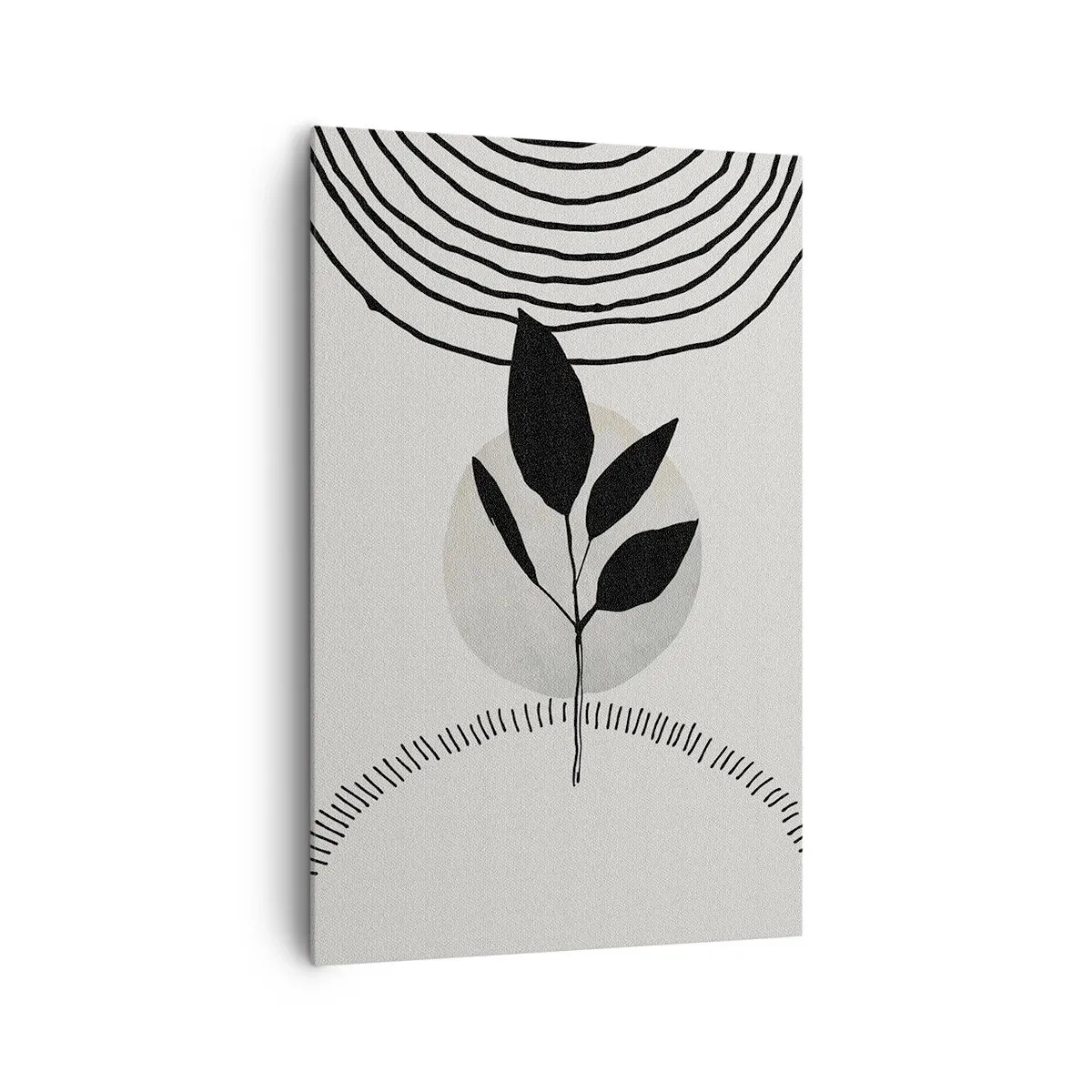 Obraz na płótnie - Minimalistyczna ilustracja rośliny z geometrycznymi elementami w czerni i bieli - 80x120cm - Kompozycja: rytuały natury - Nowoczesna dekoracja ścienna do salonu i sypialni ARTTOR