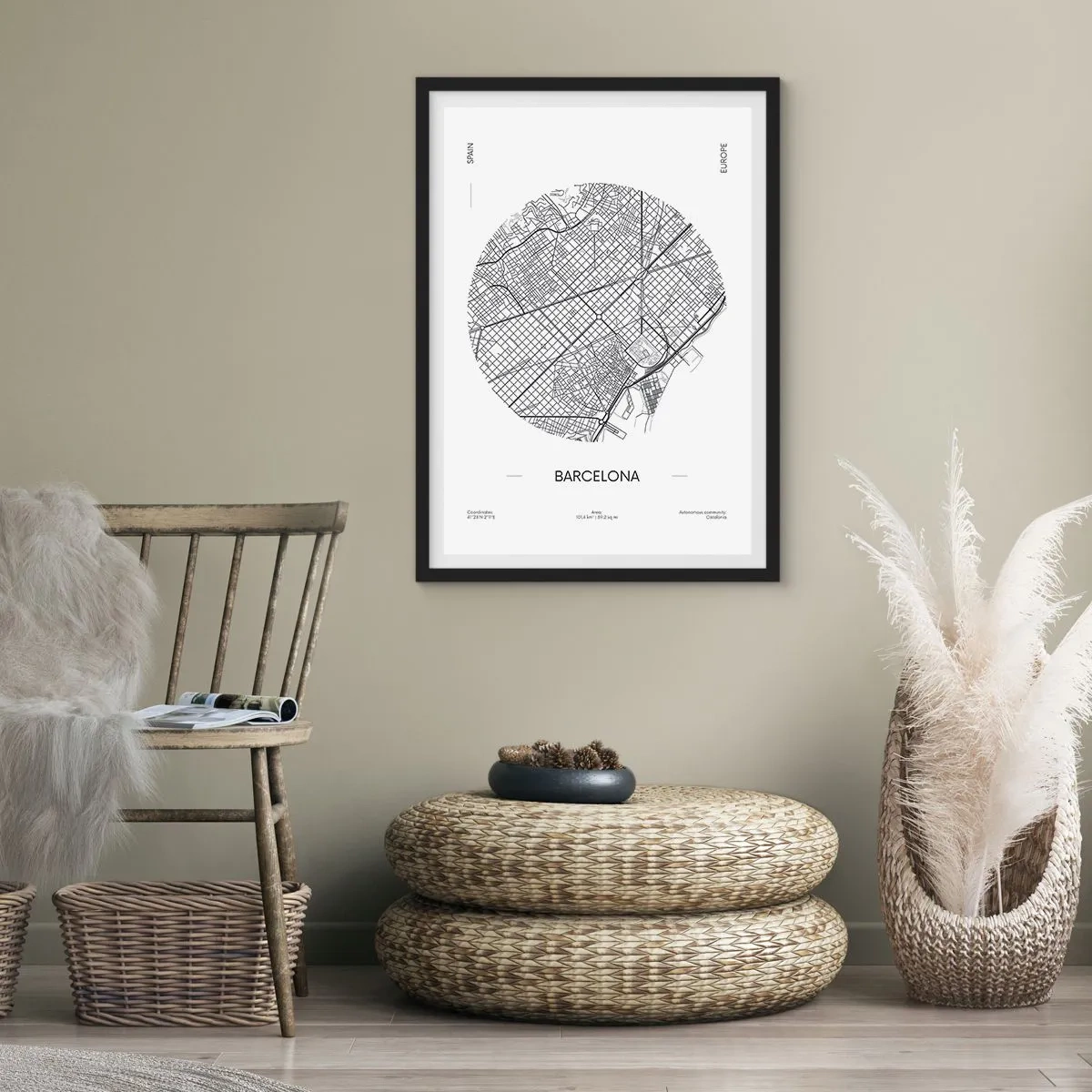 Plakat w czarnej ramie - Minimalistyczna mapa Barcelony w czarno-białej tonacji - 50x70cm - Anatomia Barcelony - Nowoczesna dekoracja ścienna do salonu i sypialni ARTTOR