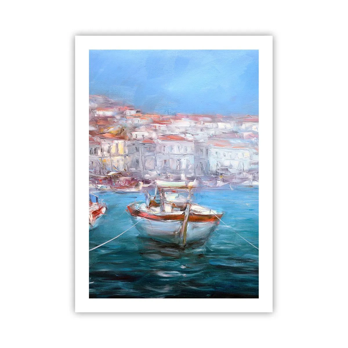 Plakat - Łódź w porcie, widok na miasto - 50x70cm - Włoska zatoka - Nowoczesna dekoracja ścienna do salonu, kuchni i sypialni ARTTOR