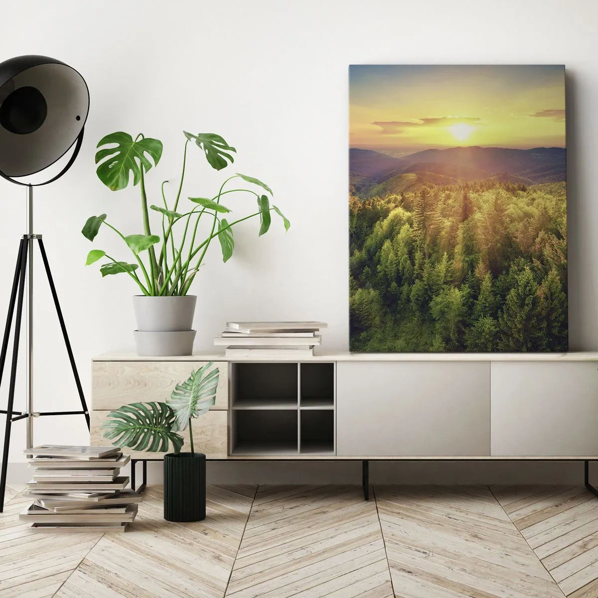 Obraz na płótnie - Zachód słońca nad górskim lasem - 50x70cm - Wierzchołki i szczyty - Nowoczesna dekoracja ścienna do salonu, kuchni i sypialni ARTTOR