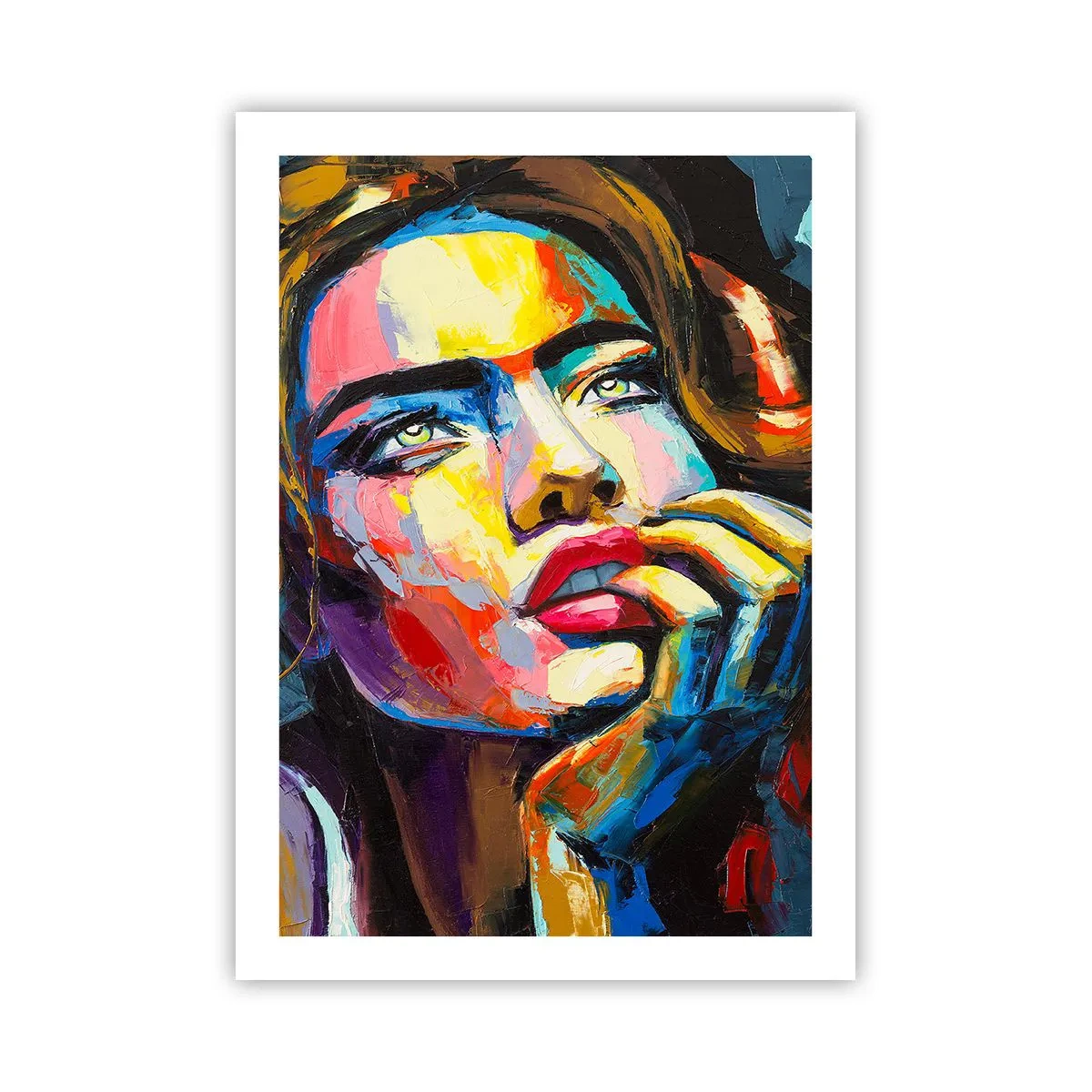 Plakat - Wyrazisty kolorowy portret kobiety w stylu ekspresyjnym - 50x70cm - Marzenia jak ptaki szybują po niebie - Nowoczesna dekoracja ścienna do salonu, kuchni i sypialni ARTTOR