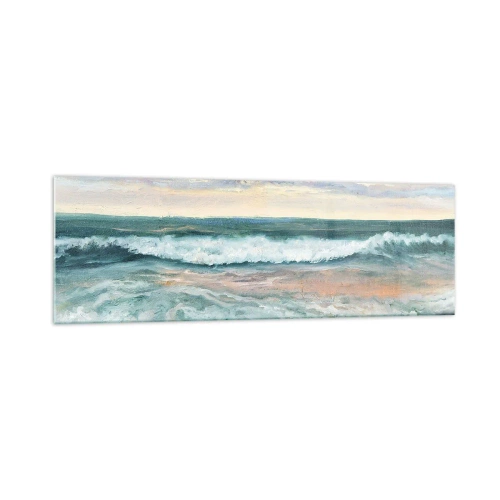 Obraz na szkle - Morskie fale na tle zachmurzonego nieba o zachodzie słońca - 160x50cm - Tutaj wygładzisz duszę - Nowoczesna dekoracja ścienna do salonu i sypialni ARTTOR