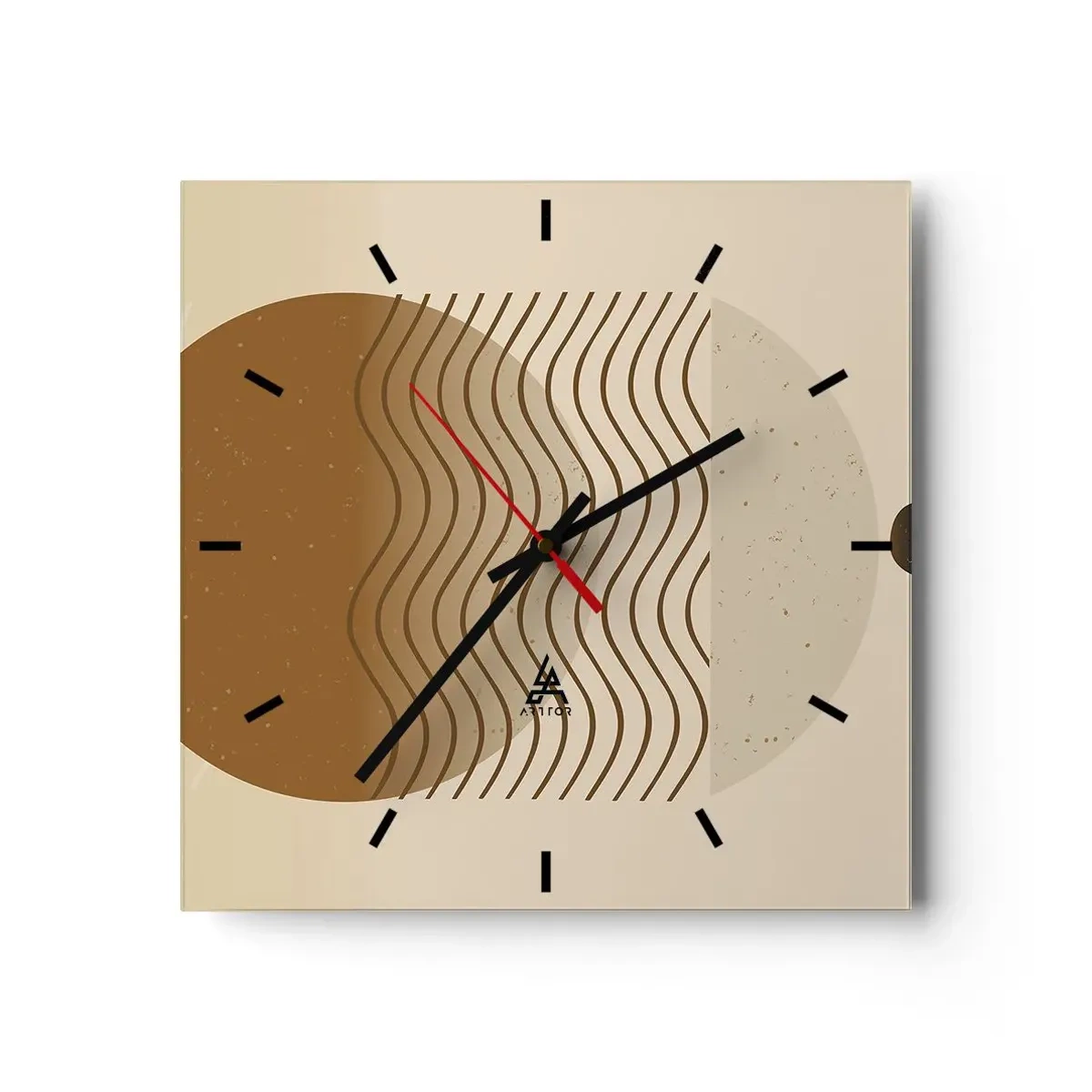 Zegar ścienny - Geometryczna abstrakcja z kołami i falistymi liniami w ciepłych barwach - 30x30cm - O pochodzeniu figur geometrycznych - Nowoczesna dekoracja ścienna do salonu i sypialni ARTTOR