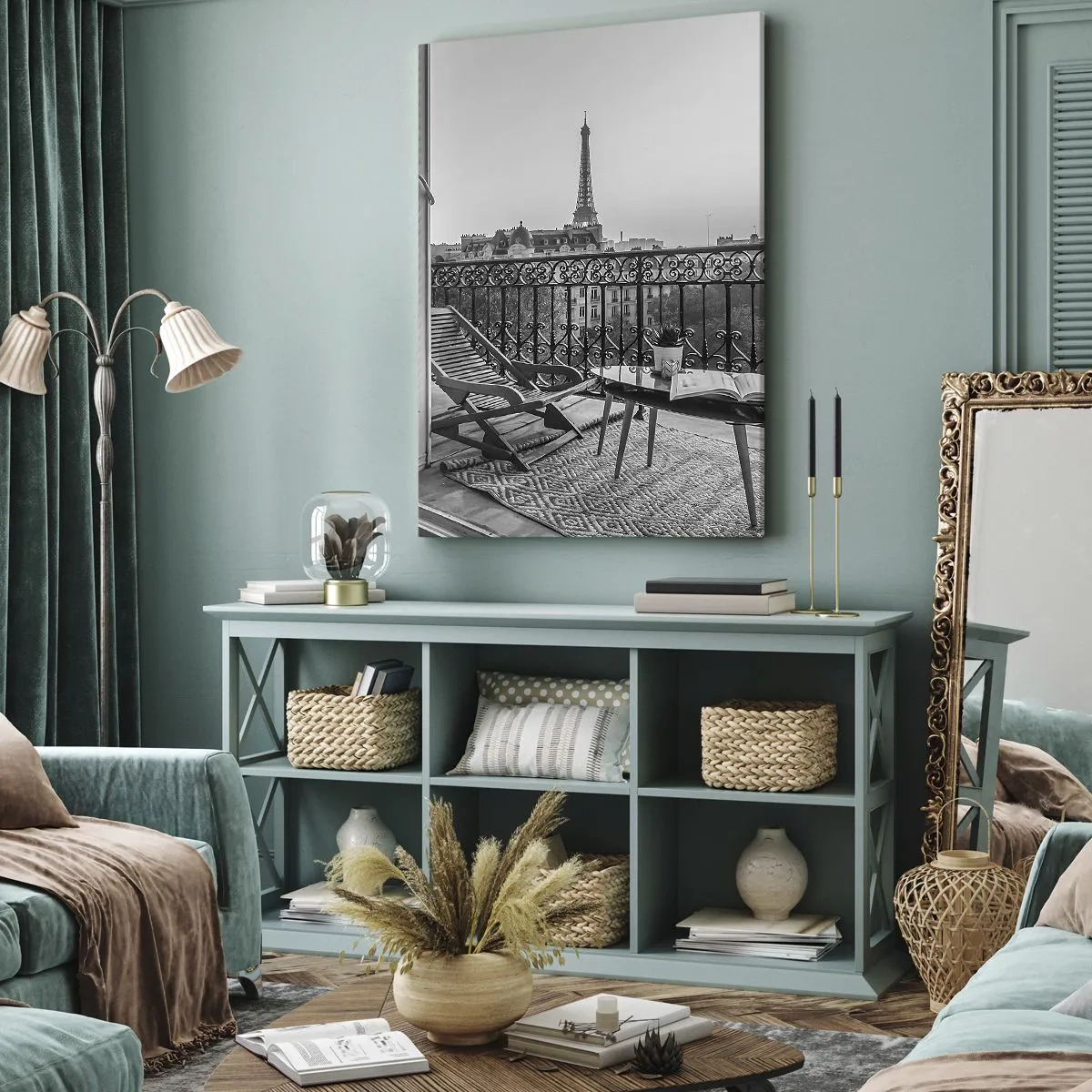 Obraz na płótnie - Balkon z widokiem na Wieżę Eiffla - 50x70cm - Paryskie popołudnie - Nowoczesna dekoracja ścienna do salonu, kuchni i sypialni ARTTOR