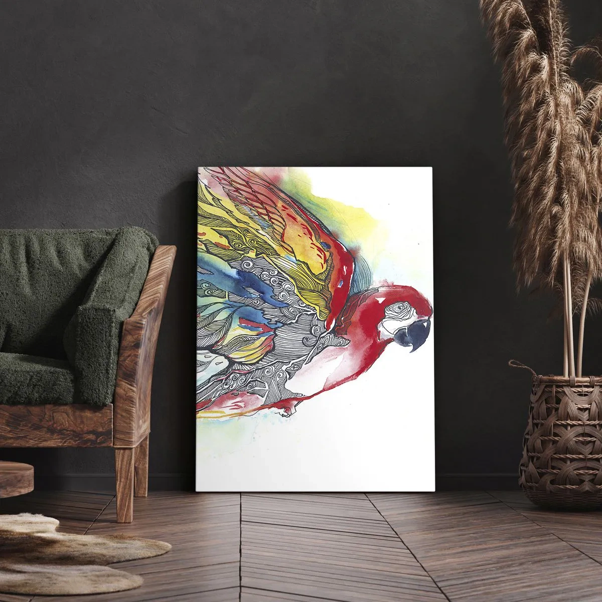 Obraz na płótnie - Papuga z kolorowymi piórami i dynamicznym tłem - 50x70cm - Żyj kolorowo - Nowoczesna dekoracja ścienna do salonu, kuchni i sypialni ARTTOR