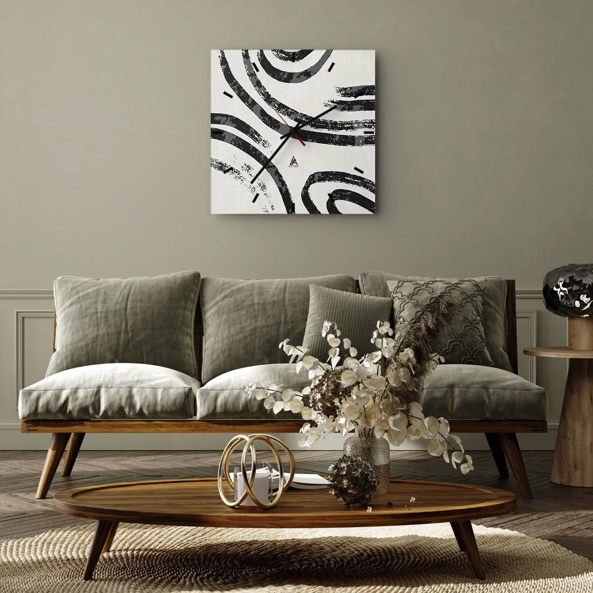 Zegar ścienny - Czarno-białe abstrakcyjne linie na jasnym tle - 30x30cm - W pół zatrzymany - Nowoczesna dekoracja ścienna do salonu i sypialni ARTTOR