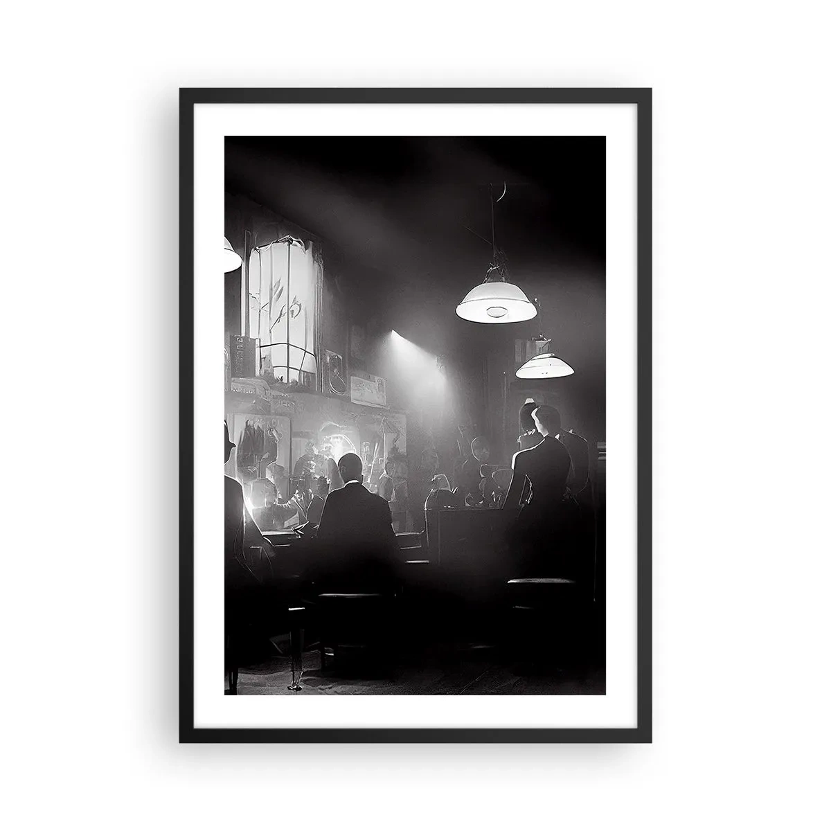 Plakat w czarnej ramie - Czarno-biała scena z klimatycznego jazzowego klubu nocnego - 50x70cm - W jazzowym klimacie - Nowoczesna dekoracja ścienna do salonu i sypialni ARTTOR