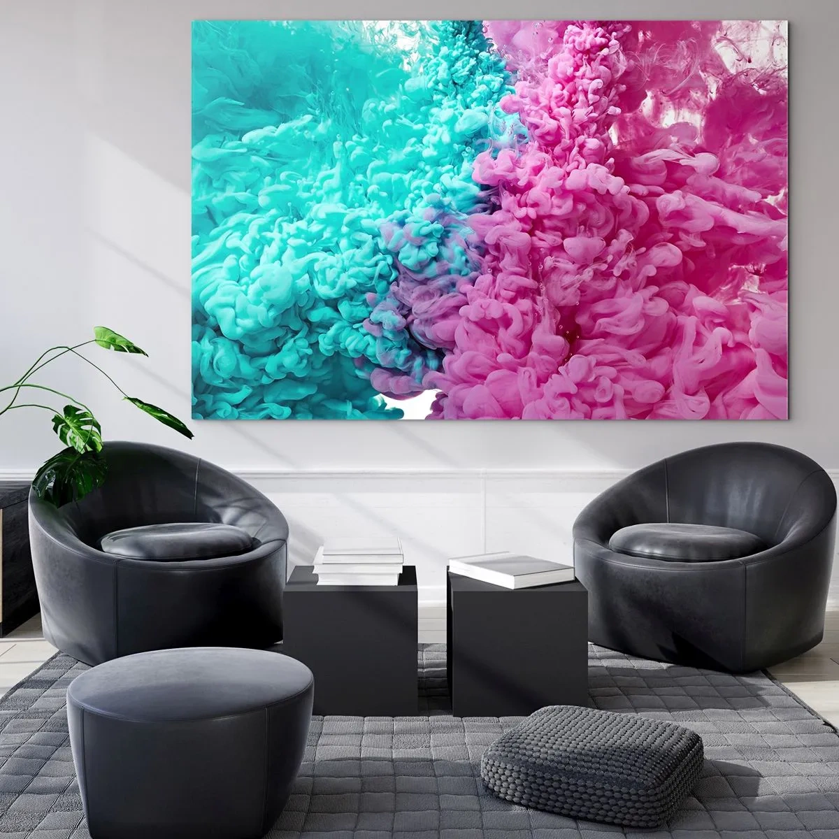 Obraz na szkle - Barwne chmury tuszu w kolorach różowym i turkusowym - 70x50cm - Decydujące starcie - Nowoczesna dekoracja ścienna do salonu i sypialni ARTTOR