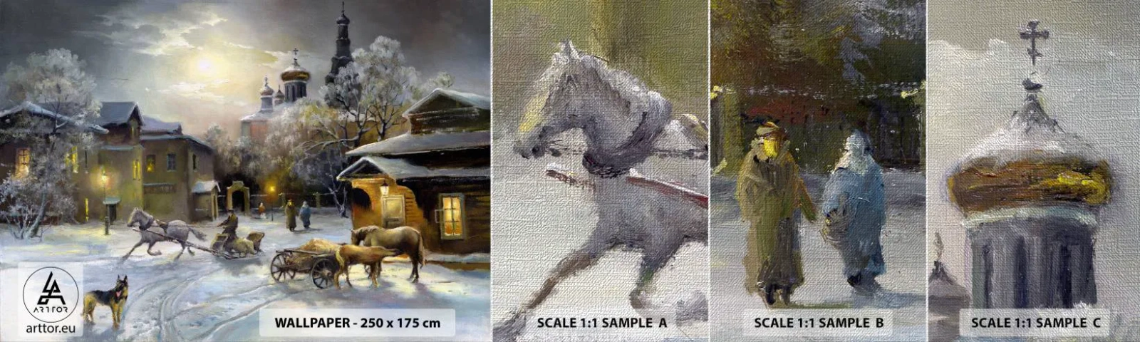 Fototapeta Próbka Premium Canvas - Magia rosyjskiej zimy - Krajobraz, Wieś, Zima Na Wsi - 100x30 cm