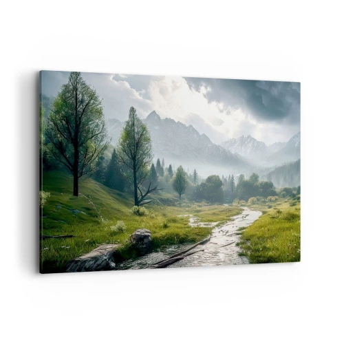 Obraz na płótnie - Górski krajobraz z rzeką i drzewami w otoczeniu mglistych gór - 120x80cm - Tam i z powrotem - Nowoczesna dekoracja ścienna do salonu, kuchni i sypialni ARTTOR
