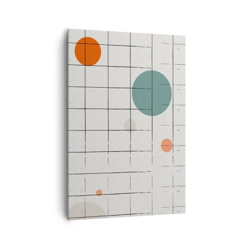 Obraz na płótnie - Abstrakcyjne okręgi w kolorach na tle geometrycznej siatki - 70x100cm - Uwięzione. My czy one? - Nowoczesna dekoracja ścienna do salonu i sypialni ARTTOR