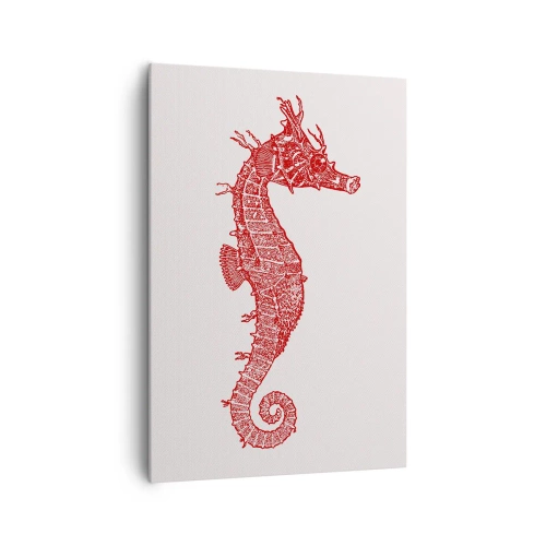Obraz na płótnie - Czerwony rysunek konika morskiego na jasnym tle - 70x100cm - Misterne stworzenie - Nowoczesna dekoracja ścienna do salonu i sypialni ARTTOR